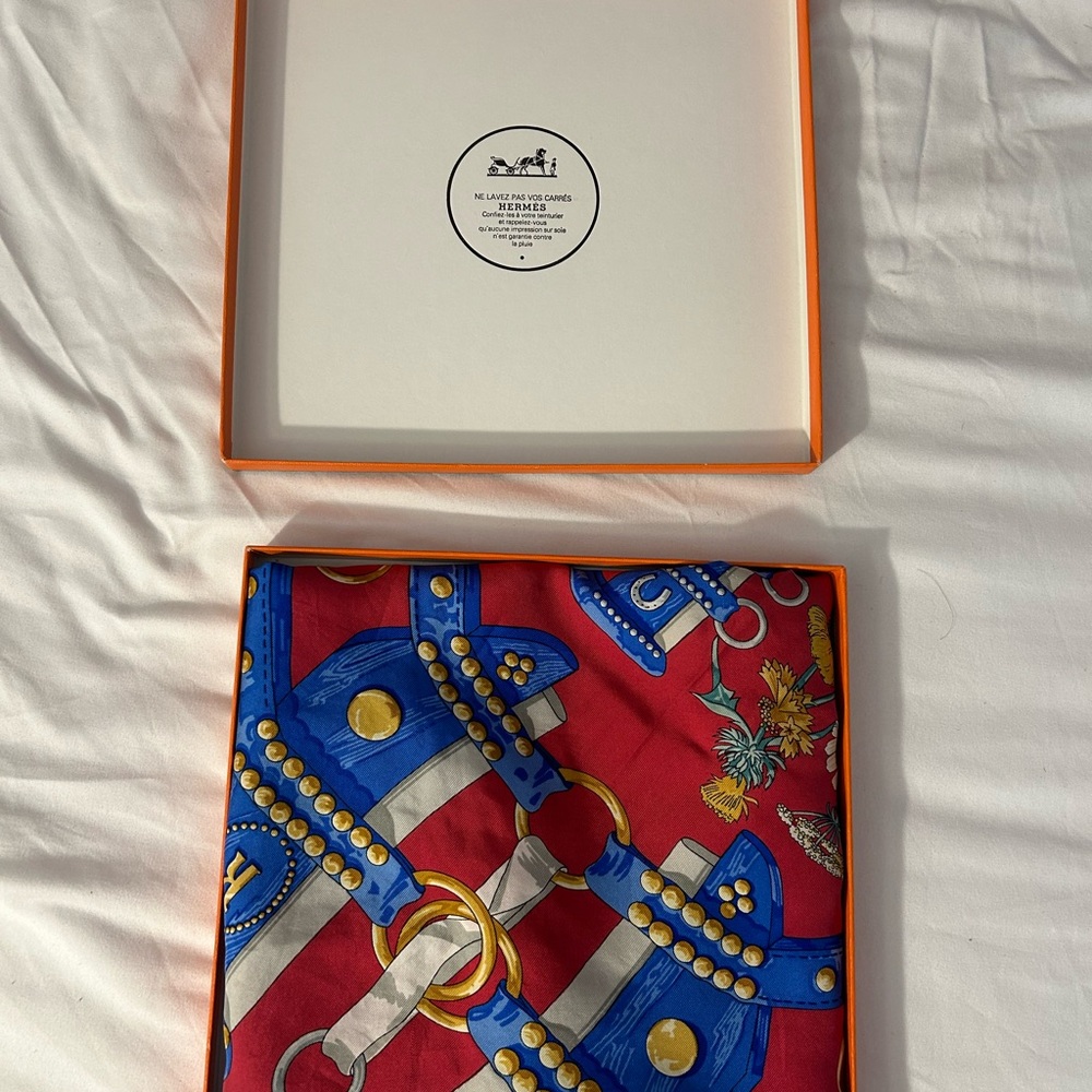 Hermes Red / Blue Multi Aux Champs Square Silk Scarf